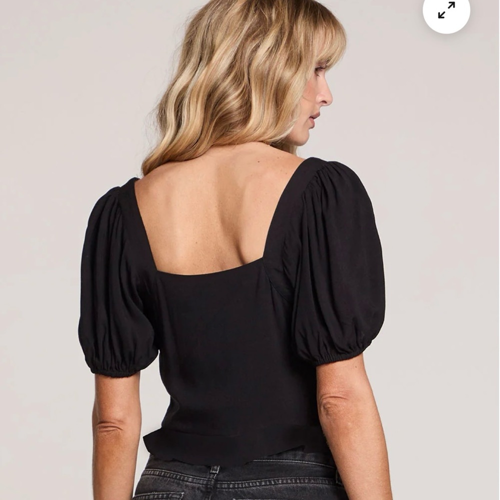 Saltwater Luxe Beaded Sequin Crop Top Black Puff Sleeve Square Neck Blouse M - Picture 2 of 10